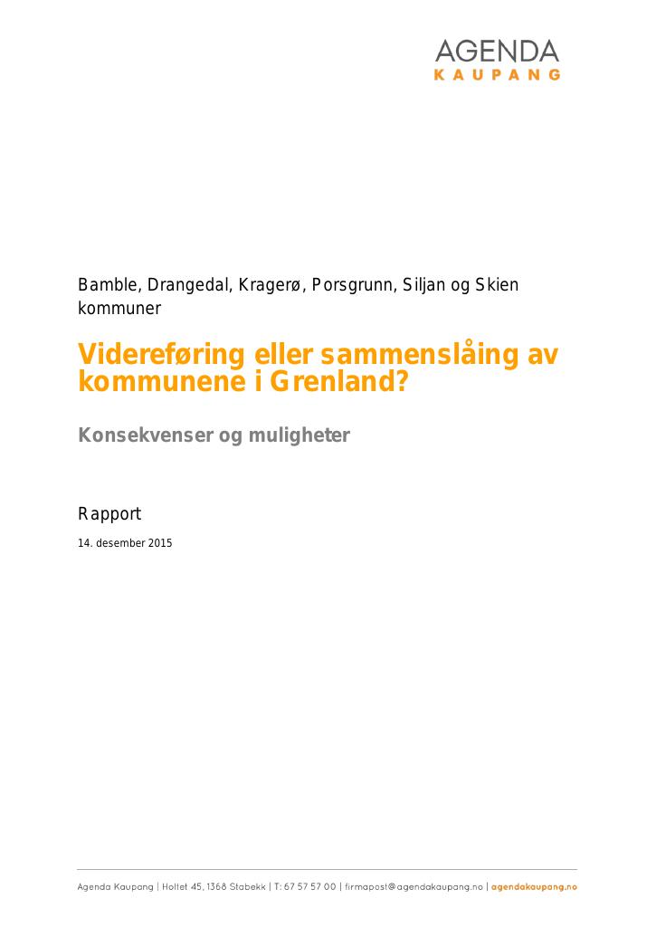 Forsiden av dokumentet Videreføring eller sammenslåing av kommunene i Grenland?