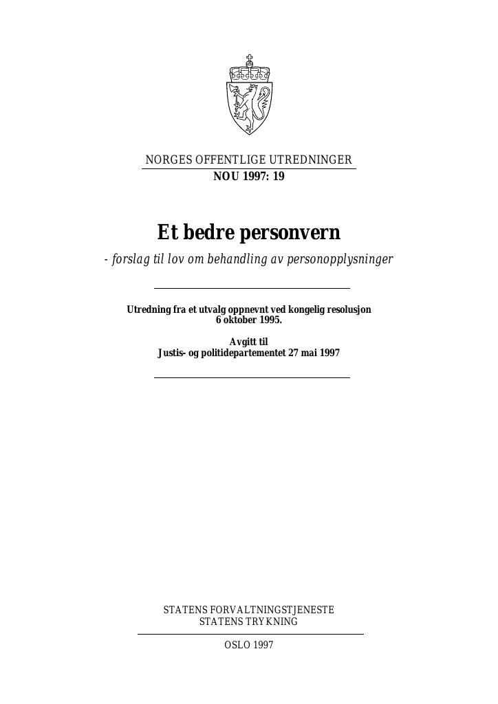 Forsiden av dokumentet NOU 1997: 19 - Et bedre personvern