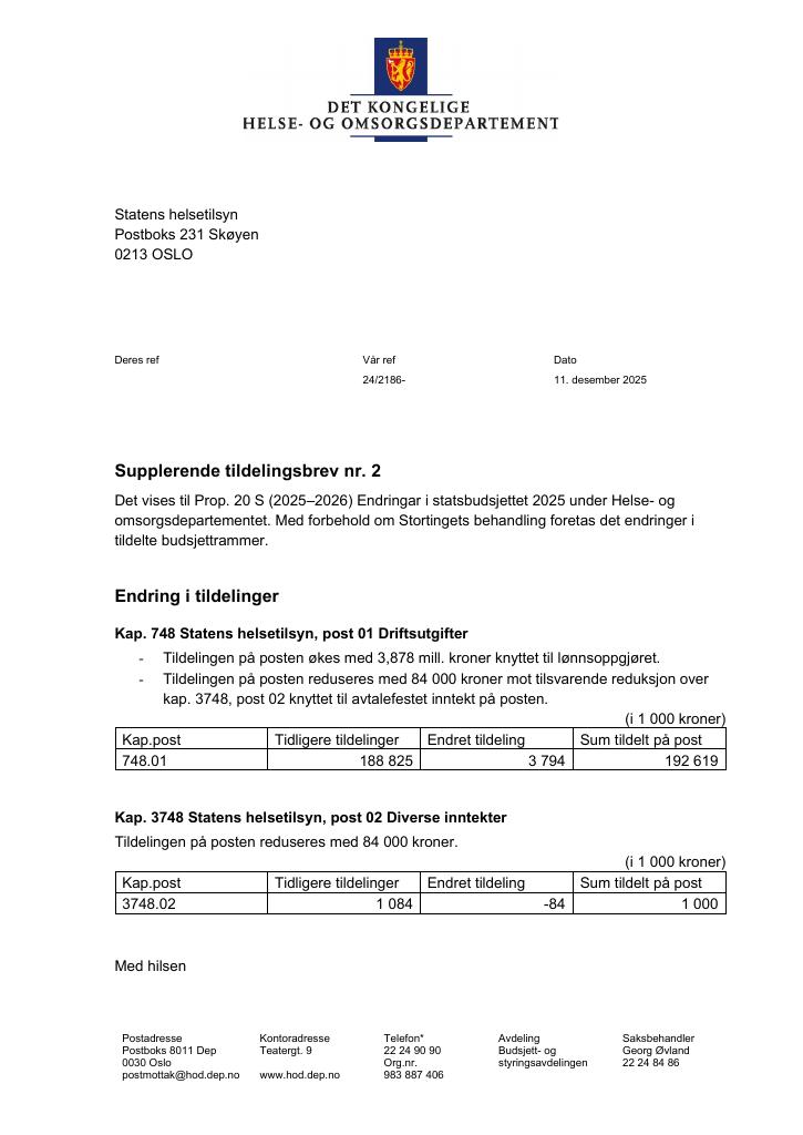 Forsiden av dokumentet Tildelingsbrev Statens helsetilsyn 2025 - tillegg nr. 2