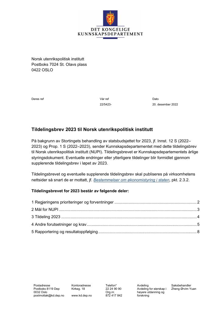 Forsiden av dokumentet Tildelingsbrev NUPI 2023