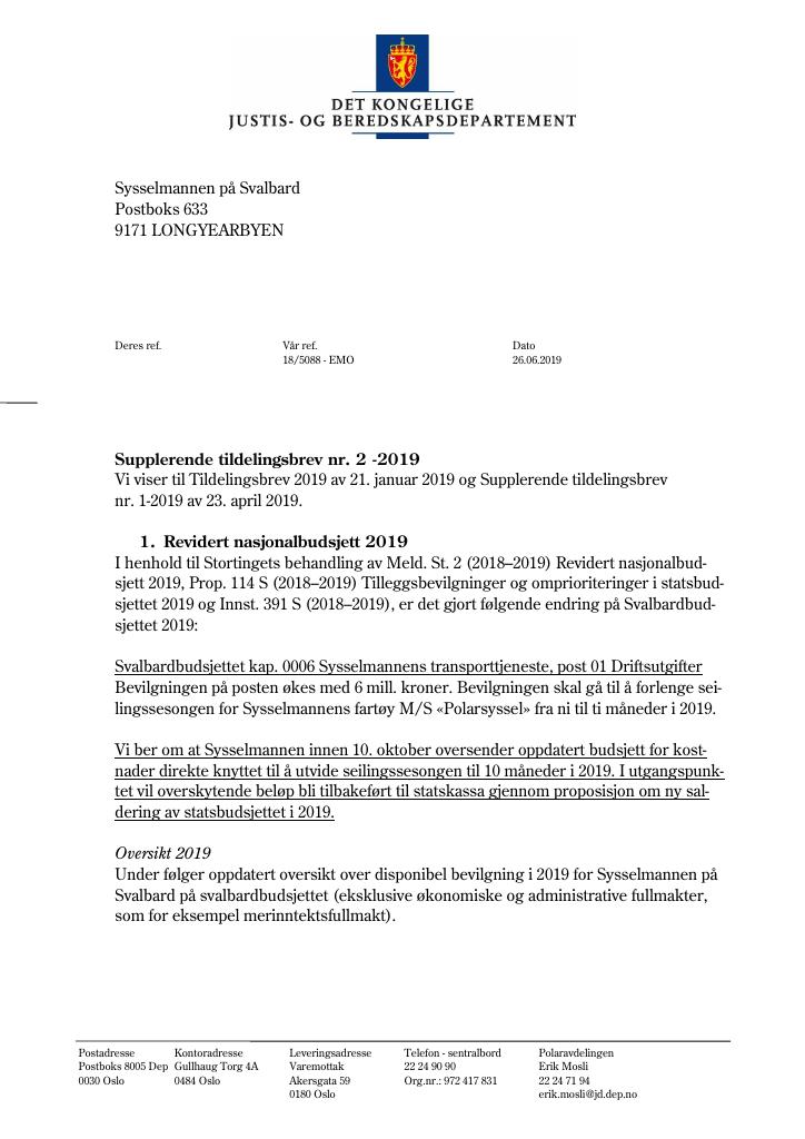 Forsiden av dokumentet Supplerende tildelingsbrev nr. 2 Sysselmesteren på Svalbard 2019