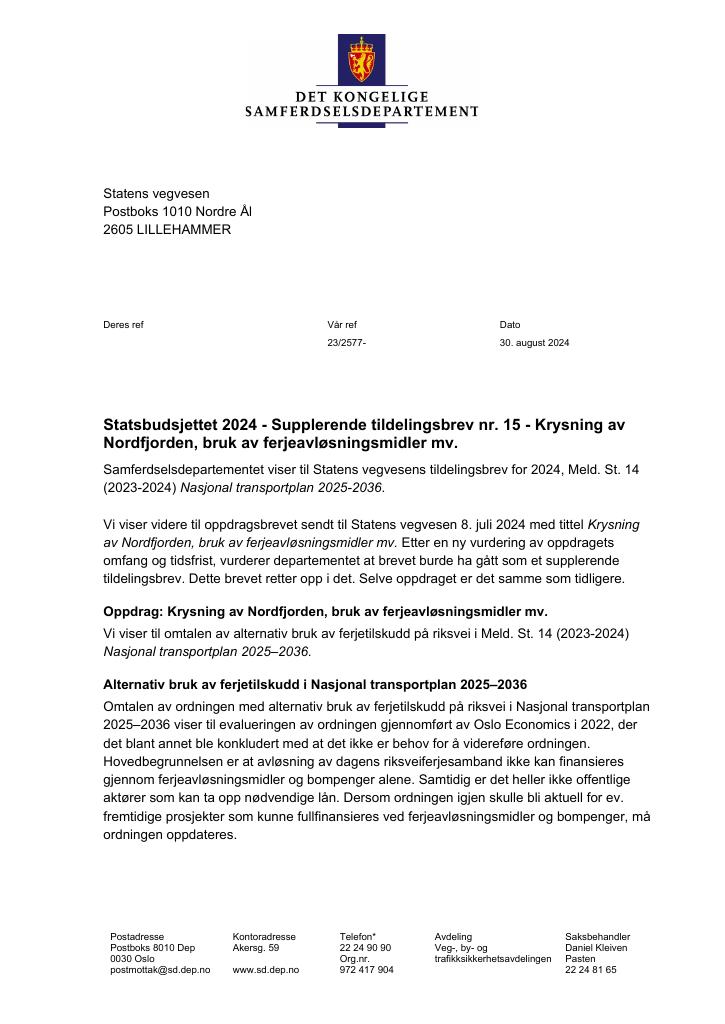 Forsiden av dokumentet Tildelingsbrev Statens vegvesen 2024 - tillegg nr. 15