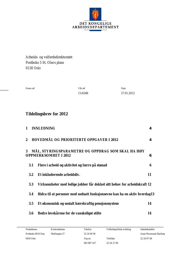 Forsiden av dokumentet Tildelingsbrev (PDF)
