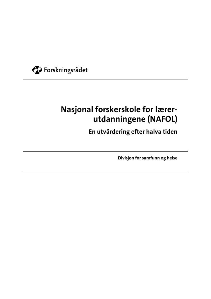 Forsiden av dokumentet Nasjonal forskerskola for lærerutdanningene (NAFOL)