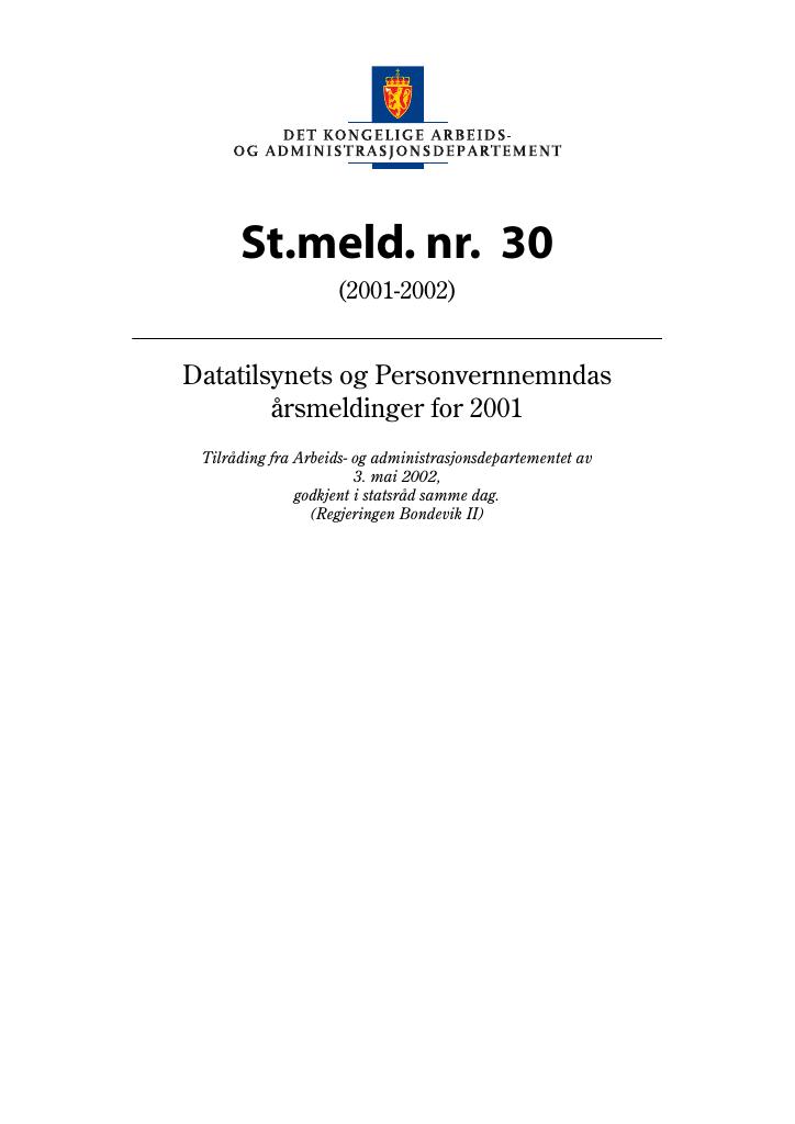 Forsiden av dokumentet St.meld. nr. 30 (2001-2002)