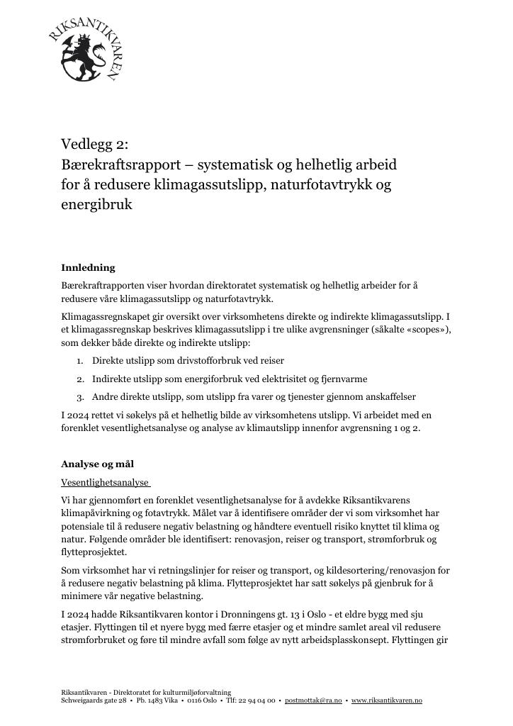 Forsiden av dokumentet Bærekraftsrapport – systematisk og helhetlig arbeid for å redusere klimagassutslipp, naturfotavtrykk og energibruk