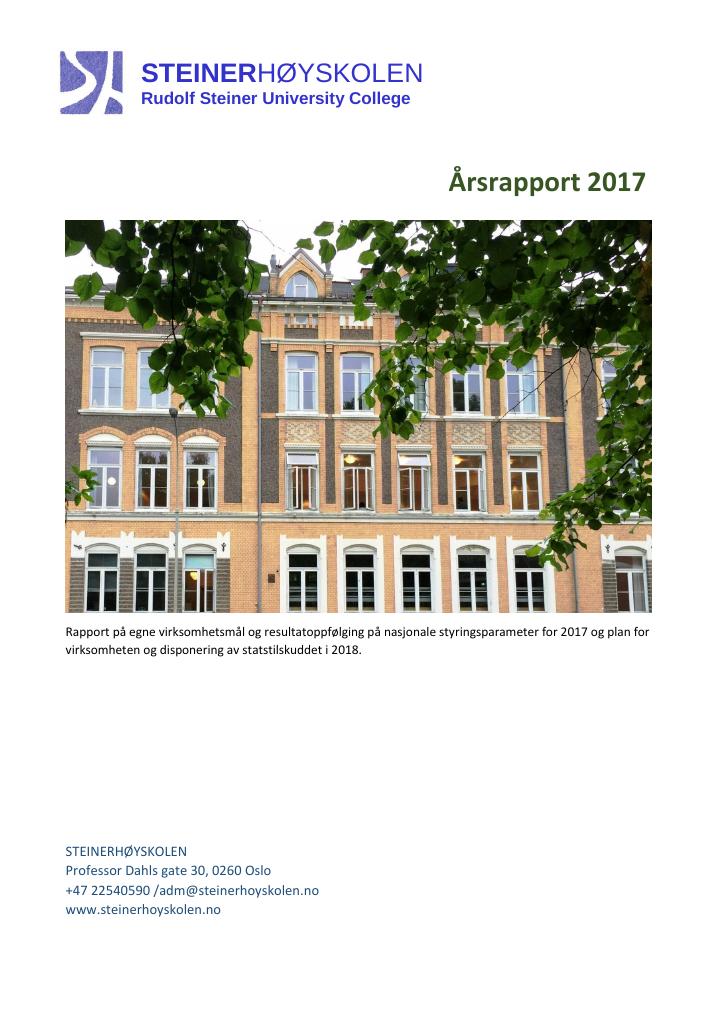 Forsiden av dokumentet Årsrapport Steinerhøyskolen 2017