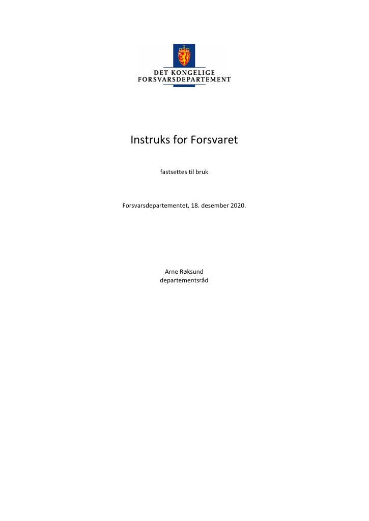 Forsiden av dokumentet Instruks for Forsvaret - 1. januar 2021.PDF