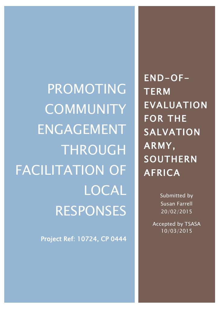 Forsiden av dokumentet Promoting Community Engagement through Facilitation of Local Responses. End Term Evaluation for The Salvation Army Southern Africa.