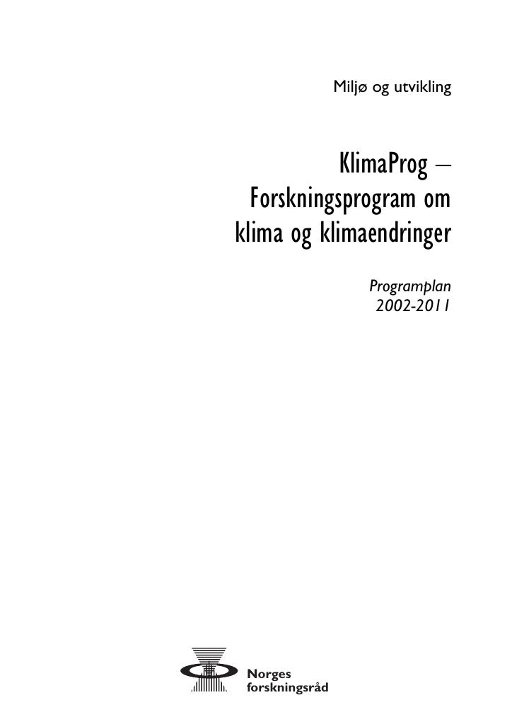 Forsiden av dokumentet Programplan - KlimaProg-Forskningsprogram om klima og klimaendirnger