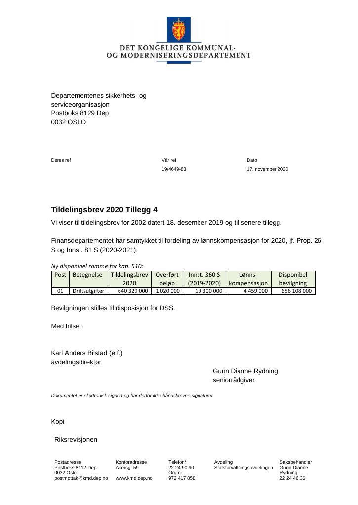 Tildelingsbrev Departementenes Sikkerhets- Og Serviceorganisasjon 2020 ...