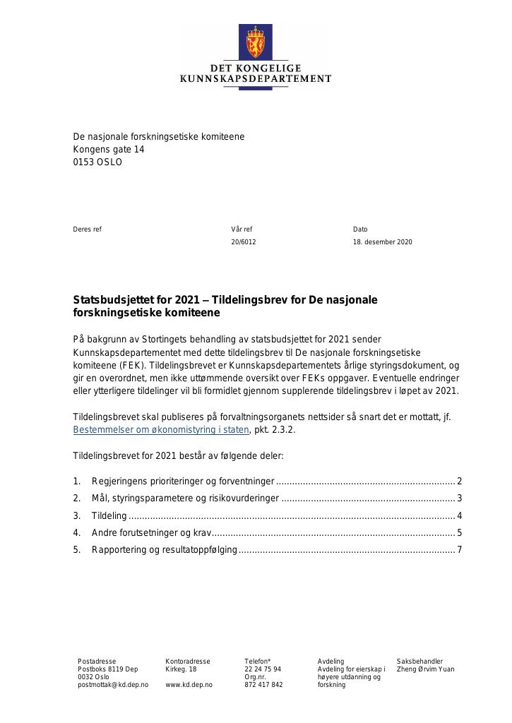 Forsiden av dokumentet Tildelingsbrev De nasjonale forskningsetiske komiteene 2021