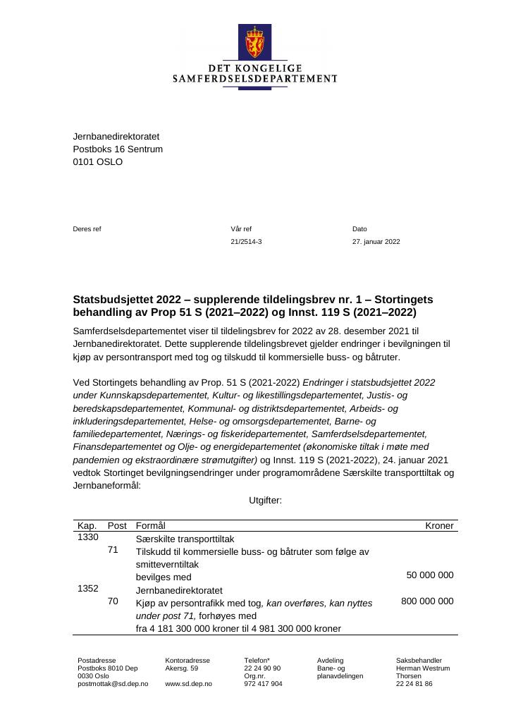 Forsiden av dokumentet Tildelingsbrev Jernbanedirektoratet 2022 - tillegg nr. 1