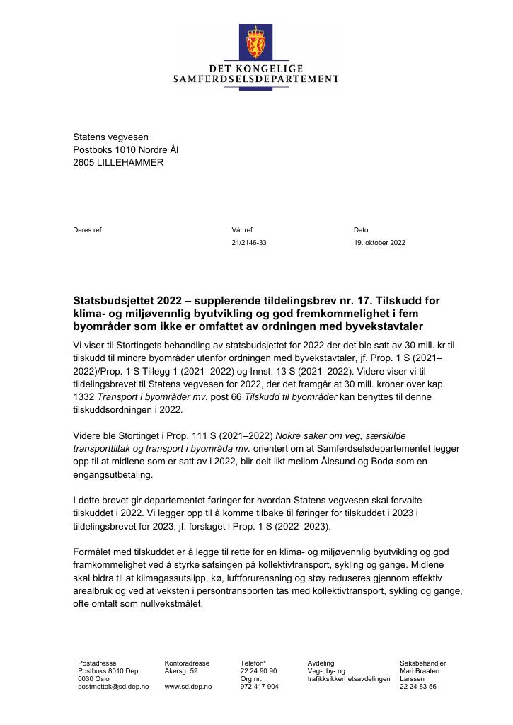 Forsiden av dokumentet Tildelingsbrev Statens vegvesen 2022 - tillegg nr. 17