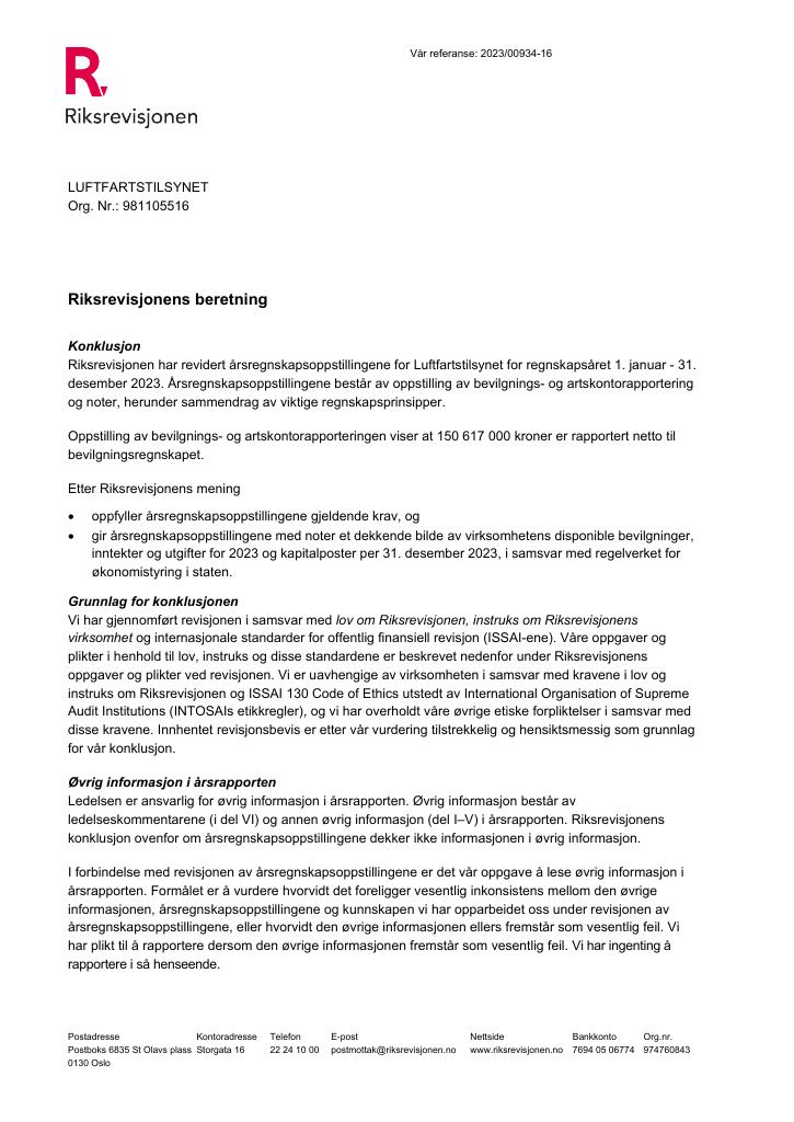 Forsiden av dokumentet Revisjonsberetning Luftfartstilsynet 2023