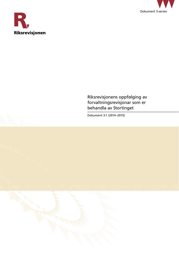 Forsiden av dokumentet Riksrevisjonens oppfølging av forvaltningsrevisjonar som er behandla av Stortinget