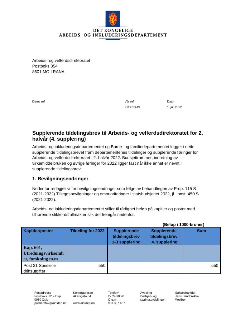 Forsiden av dokumentet Tildelingsbrev Arbeids- og velferdsdirektoratet 2022 - tillegg nr. 2