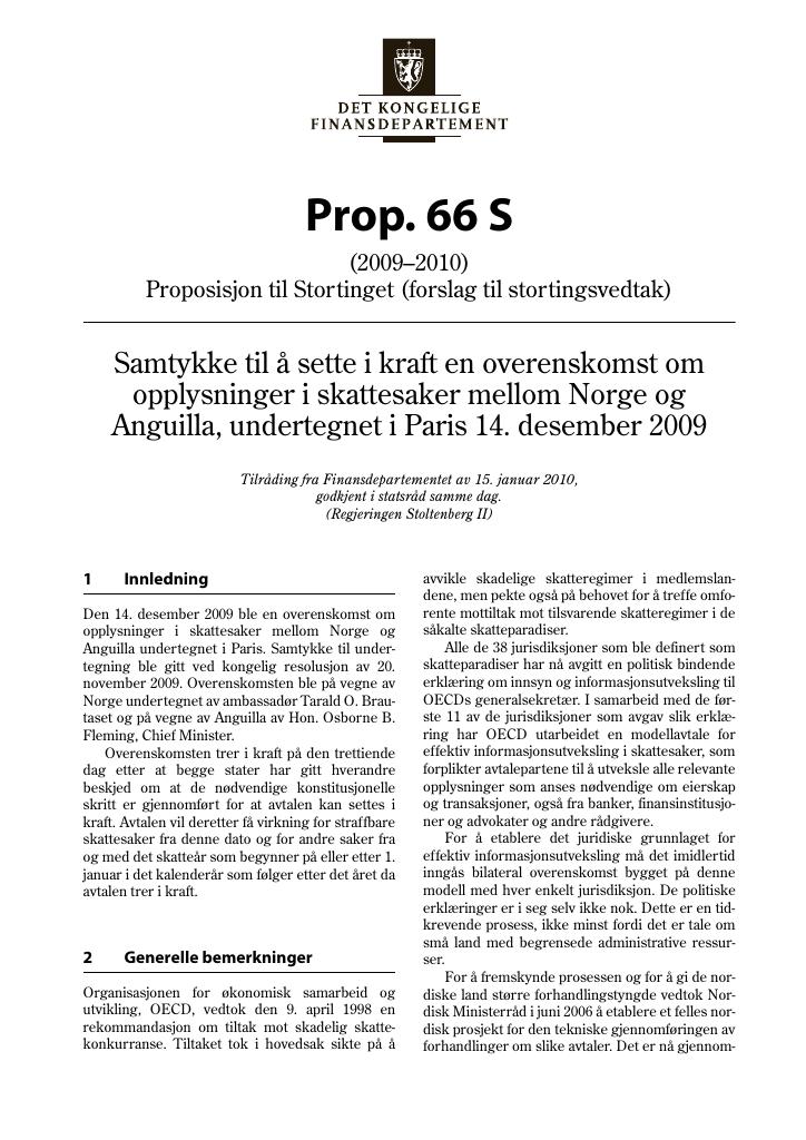 Forsiden av dokumentet Prop. 66 S (2009–2010)