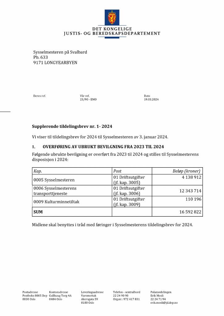 Forsiden av dokumentet Tildelingsbrev Sysselmesteren på Svalbard - tillegg nr. 1