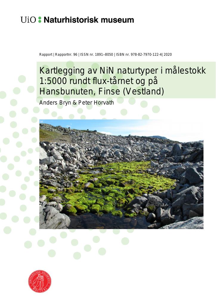 Forsiden av dokumentet Kartlegging av NiN naturtyper i målestokk 1:5000 rundt flux-tårnet og på Hansbunuten, Finse (Vestland)