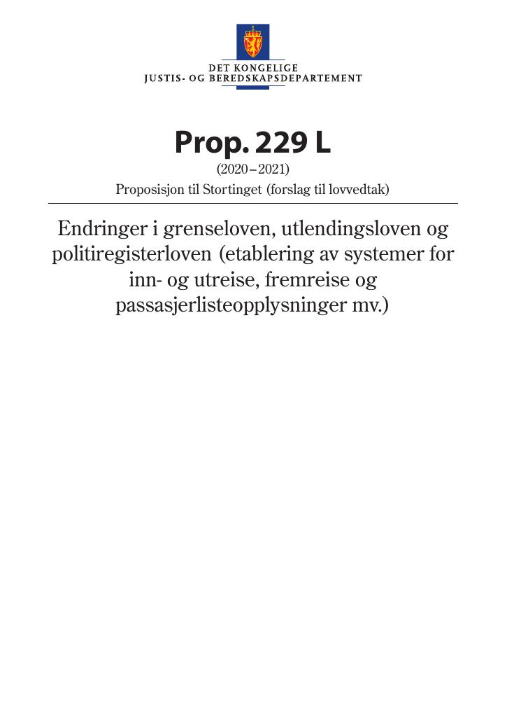 Forsiden av dokumentet Prop. 229 L (2020–2021)