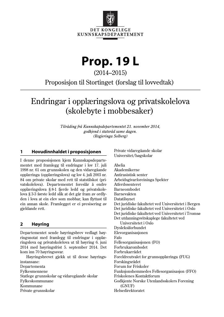 Forsiden av dokumentet Prop. 19 L (2014–2015)