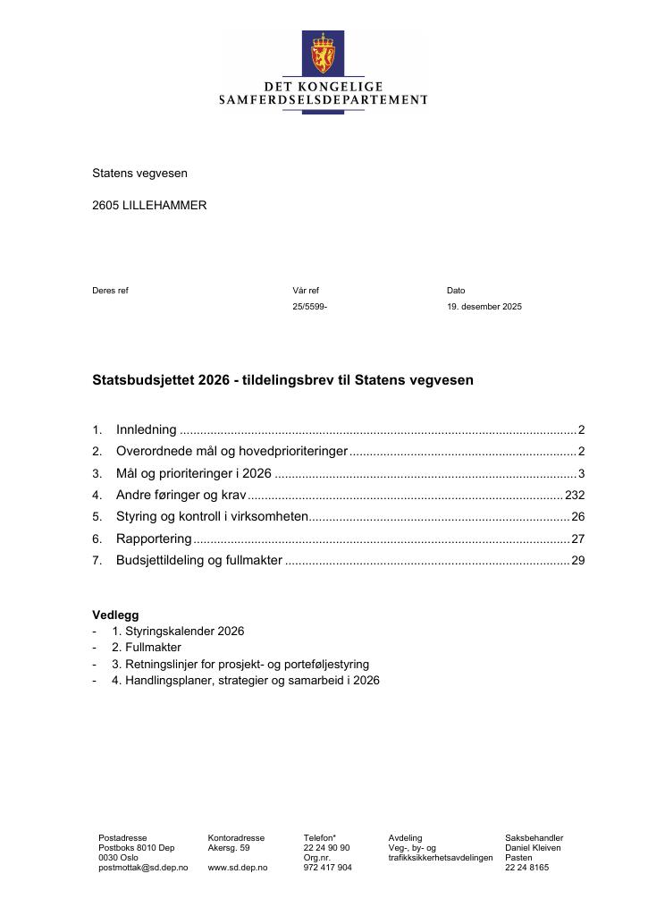 Forsiden av dokumentet Tildelingsbrev Statens vegvesen 2026