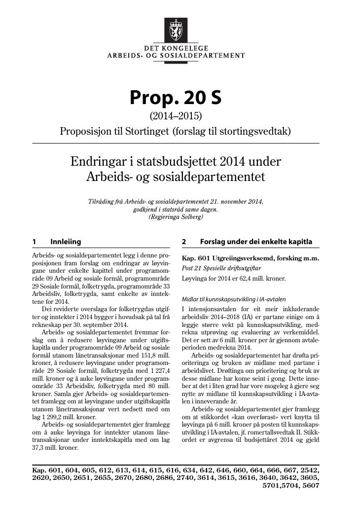 Forsiden av dokumentet Prop. 20 S (2014–2015)