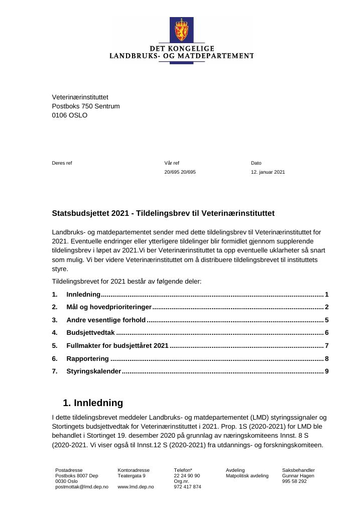 Forsiden av dokumentet Tildelingsbrev Veterinærinstituttet 2021