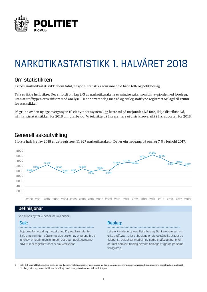 Forsiden av dokumentet NARKOTIKASTATISTIKK 1. HALVÅRET 2018