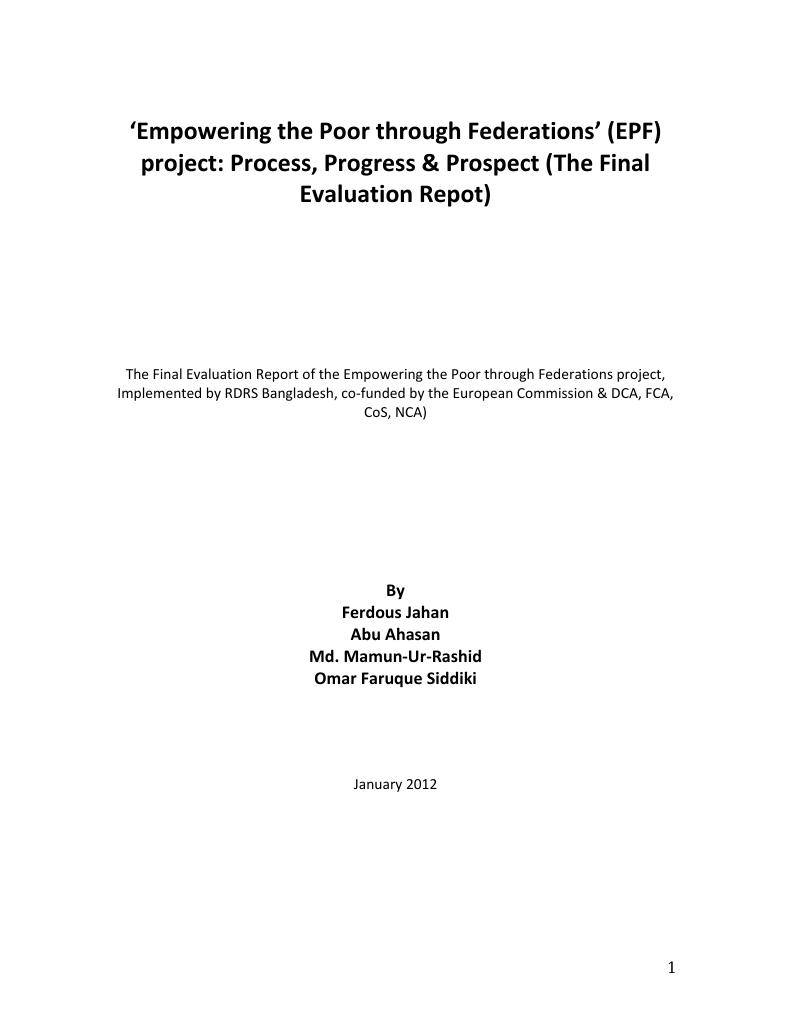 Forsiden av dokumentet 'Empowerment of the Poor through Federations' (EPF) project: Process, progress and Prospect