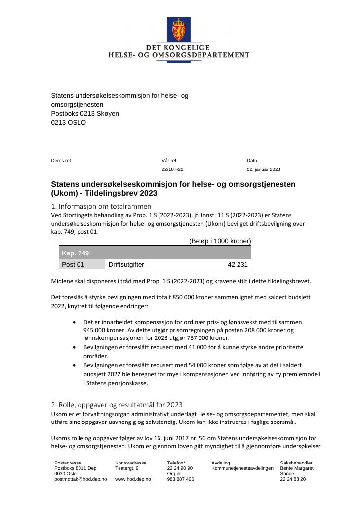 Forsiden av dokumentet Tildelingsbrev Statens undersøkelseskommisjon for helse- og omsorgstjenesten
(Ukom) 2023