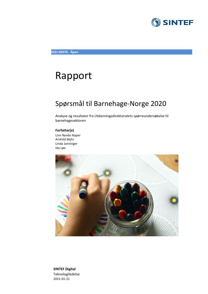 Forsiden av dokumentet Spørsmål til Barnehage-Norge 2020