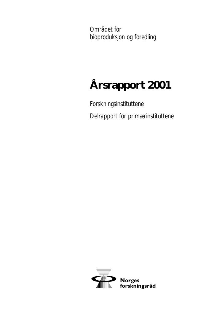 Forsiden av dokumentet Årsrapport Forskningsinstituttene 2001