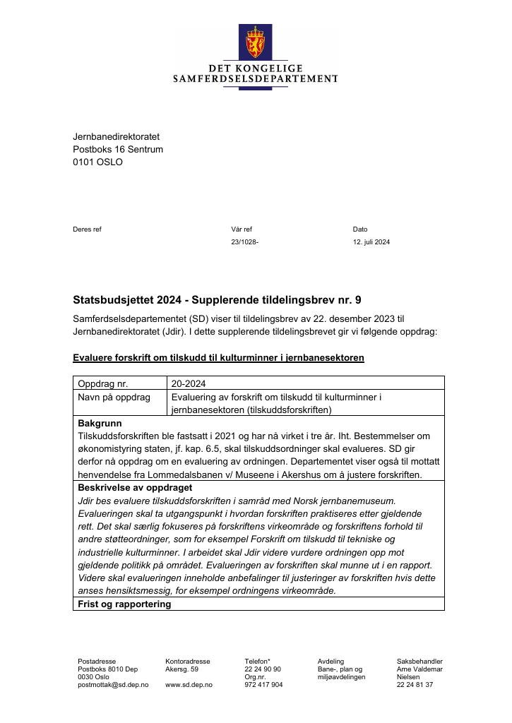Forsiden av dokumentet Tildelingsbrev Jernbanedirektoratet 2024 - tillegg nr. 9