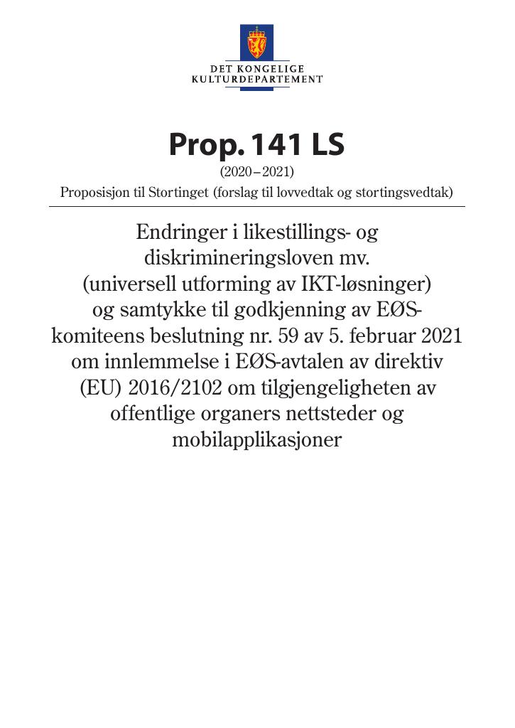 Forsiden av dokumentet Prop. 141 LS (2020–2021)