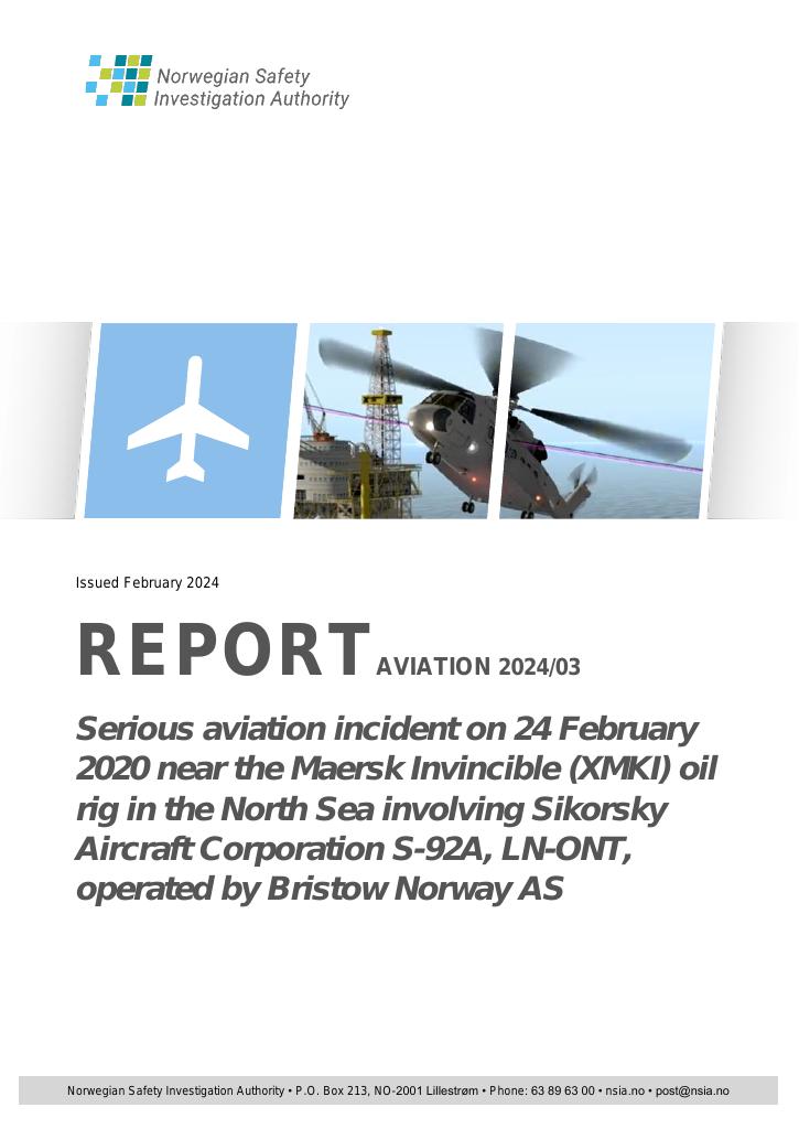 Forsiden av dokumentet Serious aviation incident on 24 February 2020 near the Maersk Invincible (XMKI) oil rig in the North Sea involving Sikorsky Aircraft Corporation S-92A, LN-ONT, operated by Bristow Norway AS
