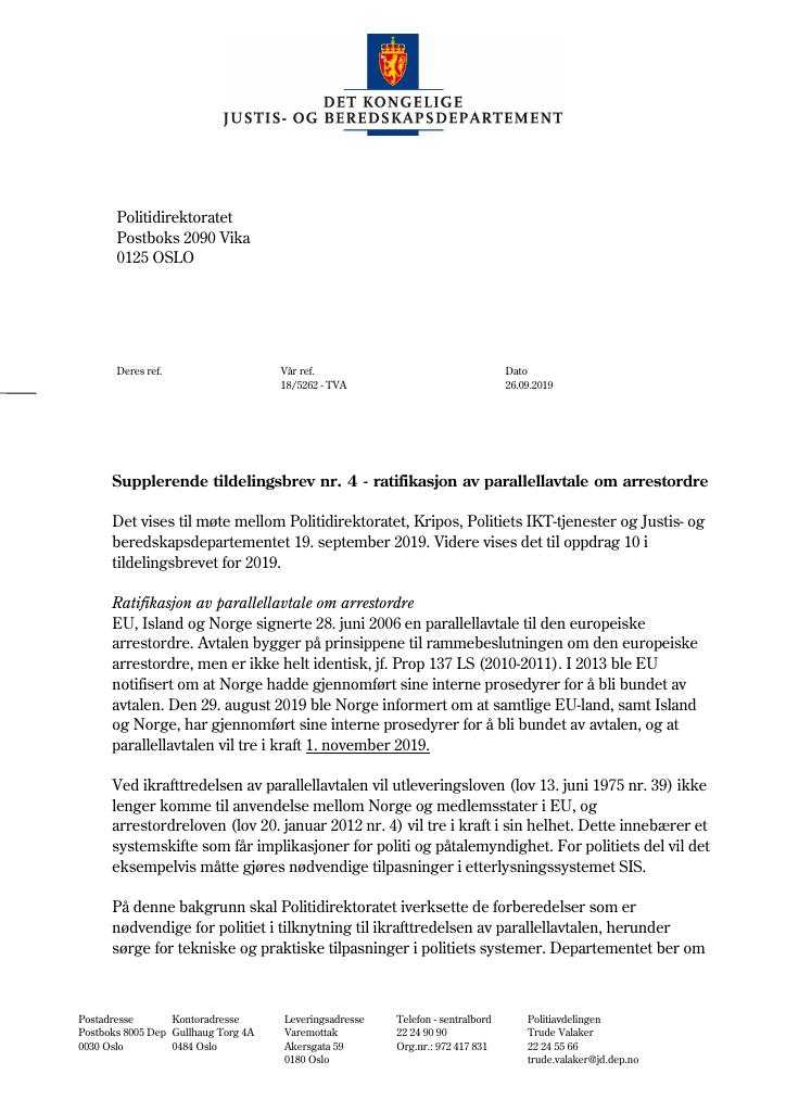 Forsiden av dokumentet Supplerende tildelingsbrev nr 4 2019 (PDF)
