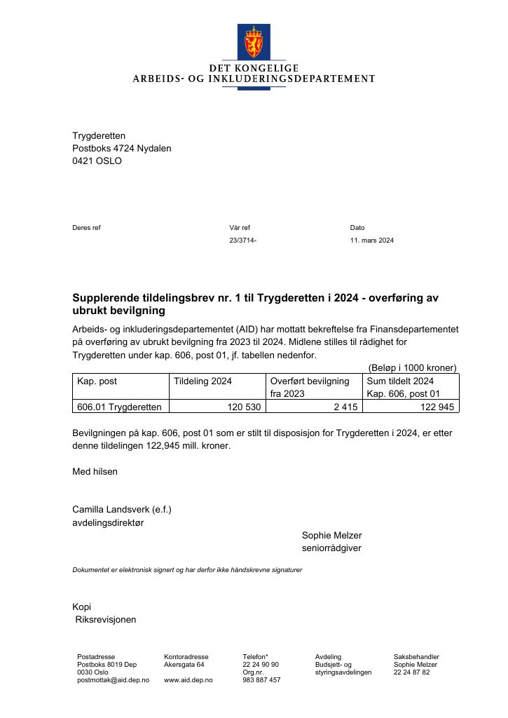 Forsiden av dokumentet Tildelingsbrev Trygderetten 2024 - tillegg nr. 1, nr. 2 og nr. 3