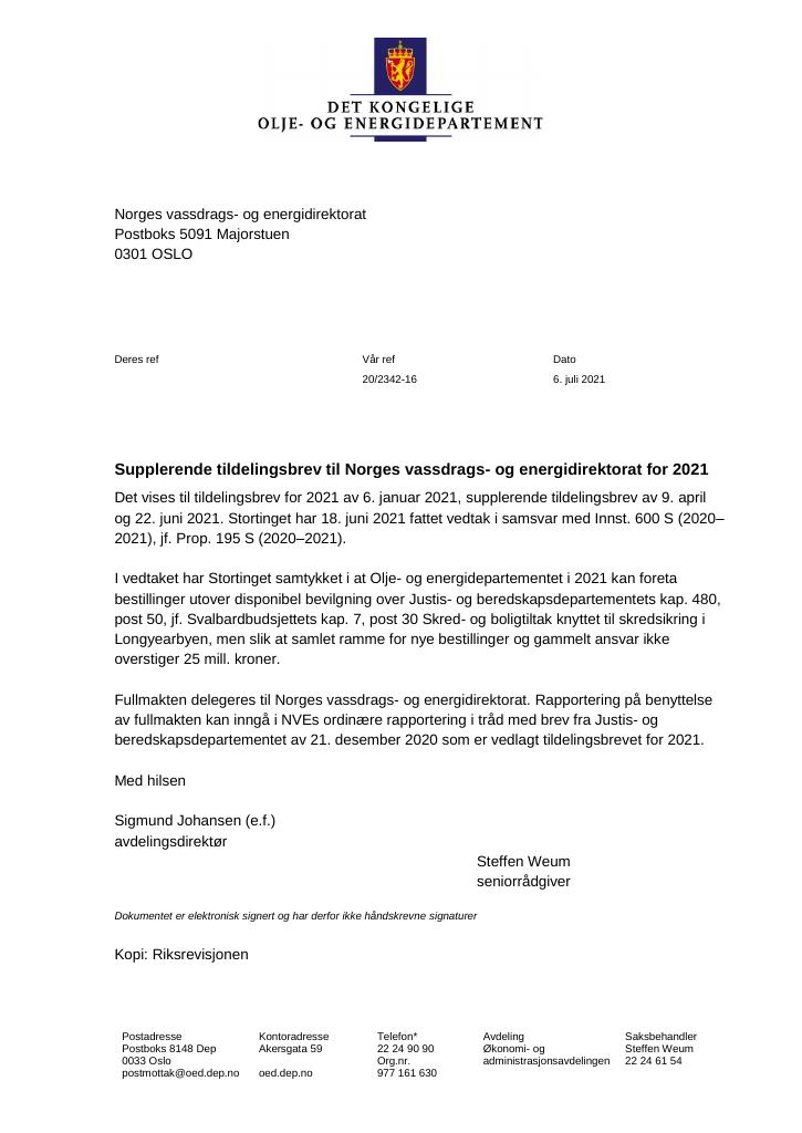 Forsiden av dokumentet Tildelingsbrev Norges vassdrags- og energidirektorat 2021 - tillegg nr. 3