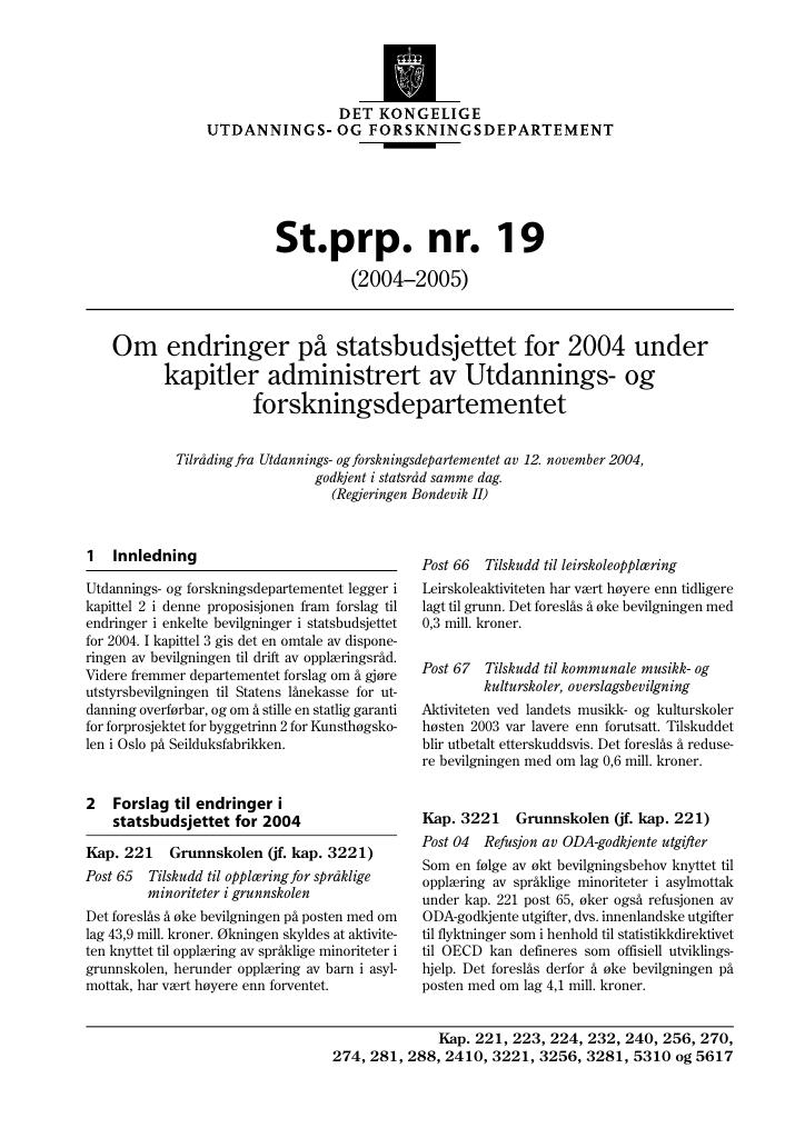 Forsiden av dokumentet St.prp. nr. 19 (2004-2005)