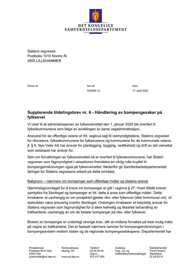 Forsiden av dokumentet Tildelingsbrev Statens vegvesen 2020 - tillegg nr. 6