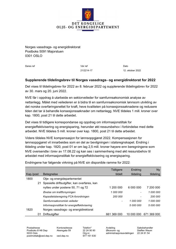 Forsiden av dokumentet Tildelingsbrev Norges vassdrags- og energidirektorat 2022 - tillegg