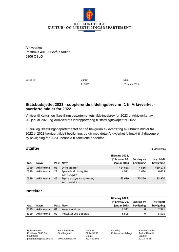 Forsiden av dokumentet Tildelingsbrev Arkivverket 2023 - tillegg nr. 1