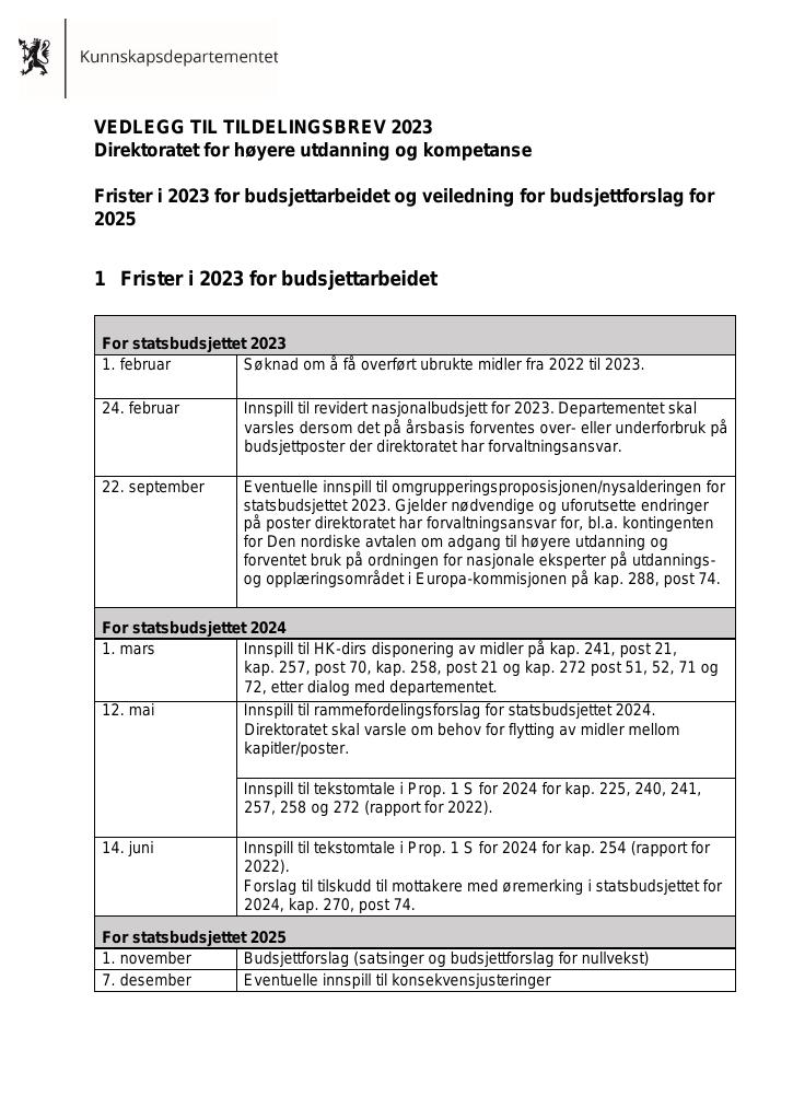 Forsiden av dokumentet Tildelingsbrev Direktoratet for høyere utdanning og kompetanse 2023 - vedlegg