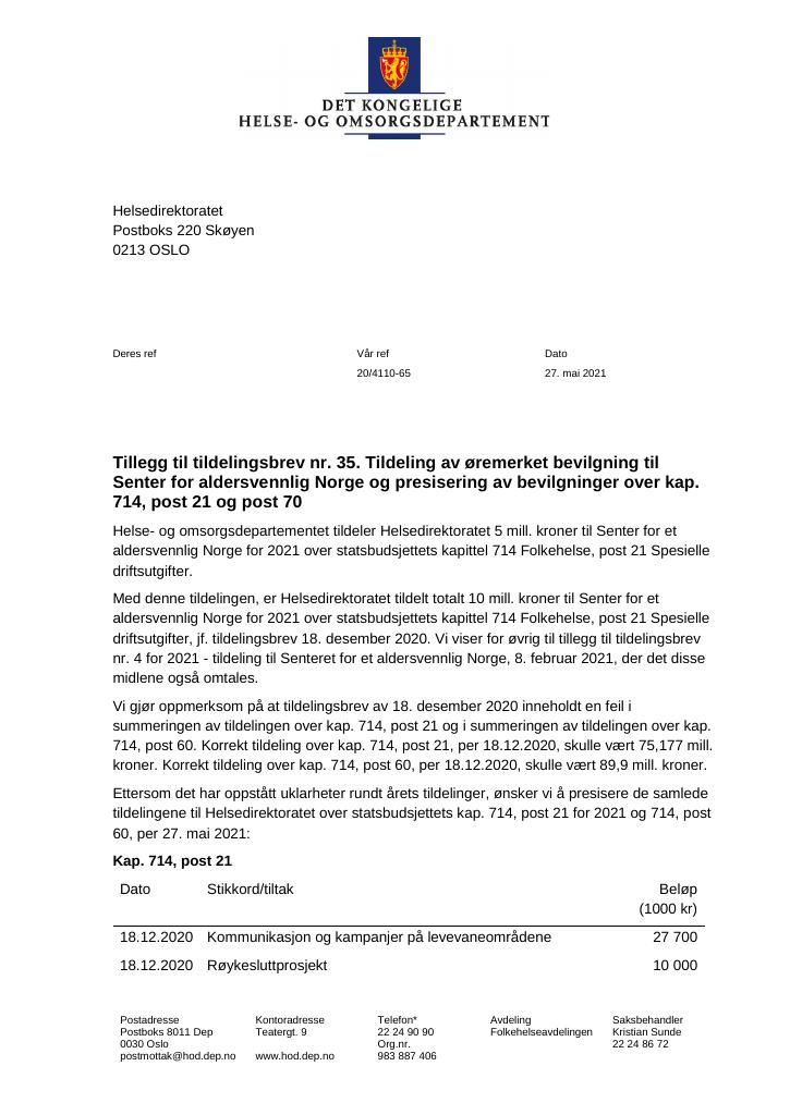 Forsiden av dokumentet Tildelingsbrev Helsedirektoratet 2021 - tillegg nr. 35