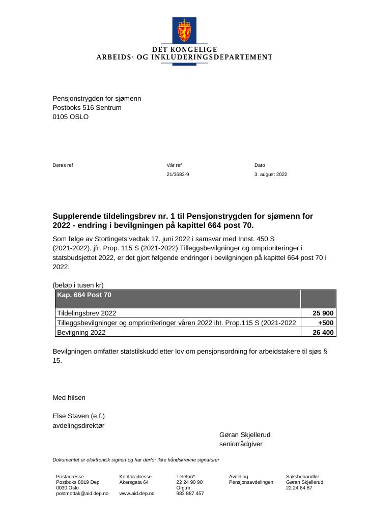 Forsiden av dokumentet Tildelingsbrev Pensjonstrygden for sjømenn 2022 - tillegg nr. 1