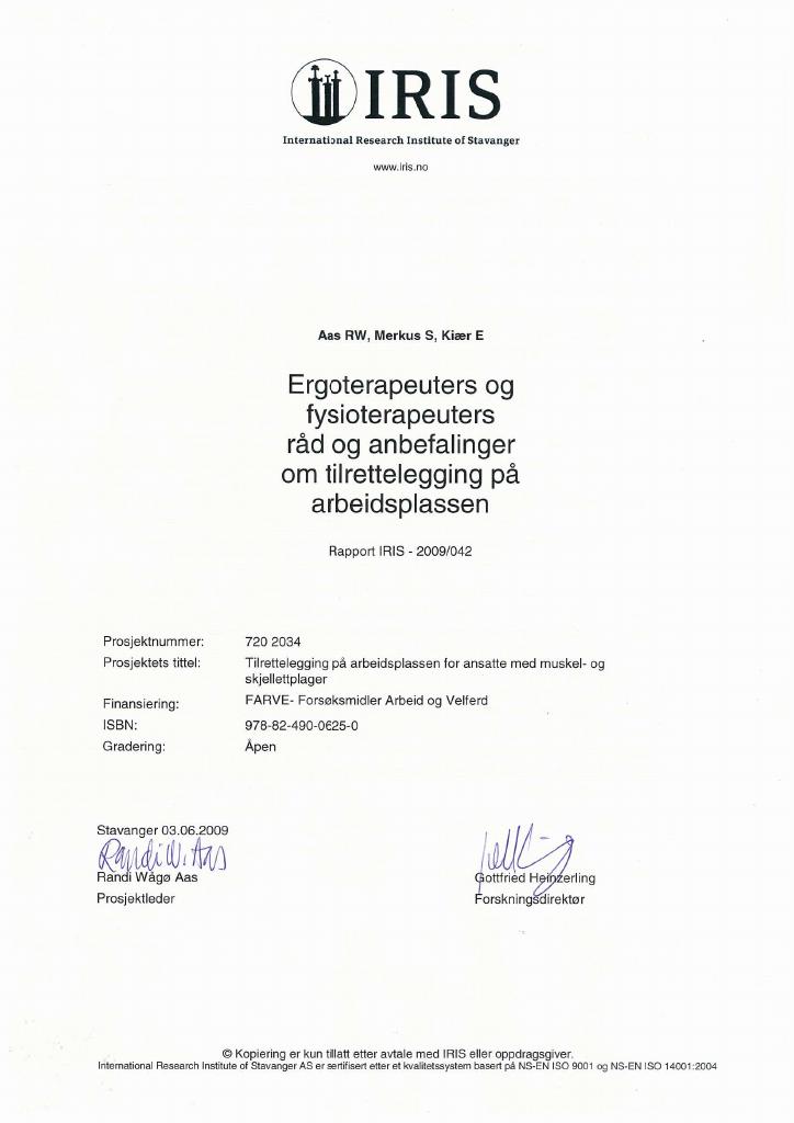 Forsiden av dokumentet Ergoterapeuters og fysioterapeuters råd og anbefalinger om tilrettelegging på arbeidsplassen