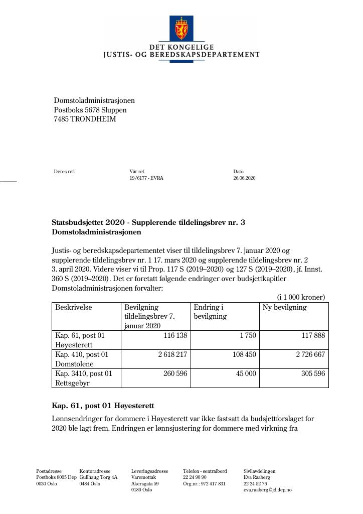 Forsiden av dokumentet Supplerende tildelingsbrev Domstoladministrasjonen 2020 - nr. 3