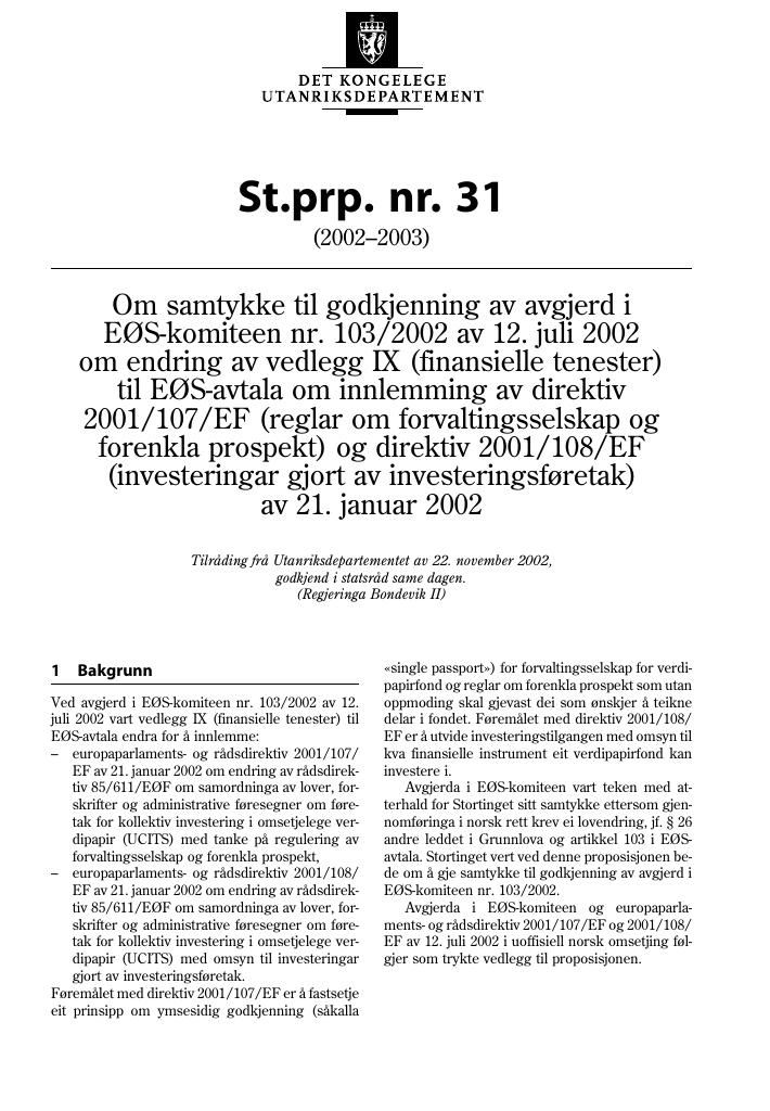 Forsiden av dokumentet St.prp. nr. 31 (2002-2003)